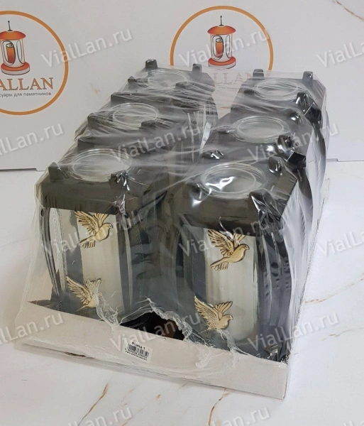 +Лампада стеклянная Голуби Prima 10 (25*12*12, корпус прямоугольный, колба прозрачное стекло, пластик черный, Голубь х2 золото, в упаковке 6 шт.) арт:1926