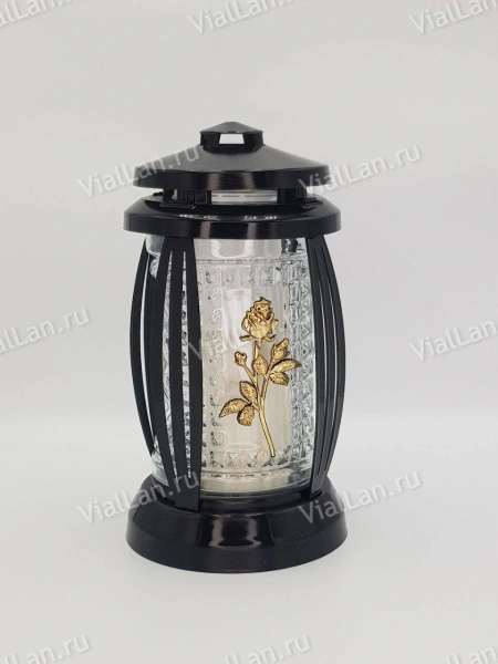 Лампада стеклянная Prima 1 (25*13*13, корпус прямоугольный, колба прозрачное стекло, пластик черный, роза с бутонами золото, в упаковке 6 штук) арт:1852